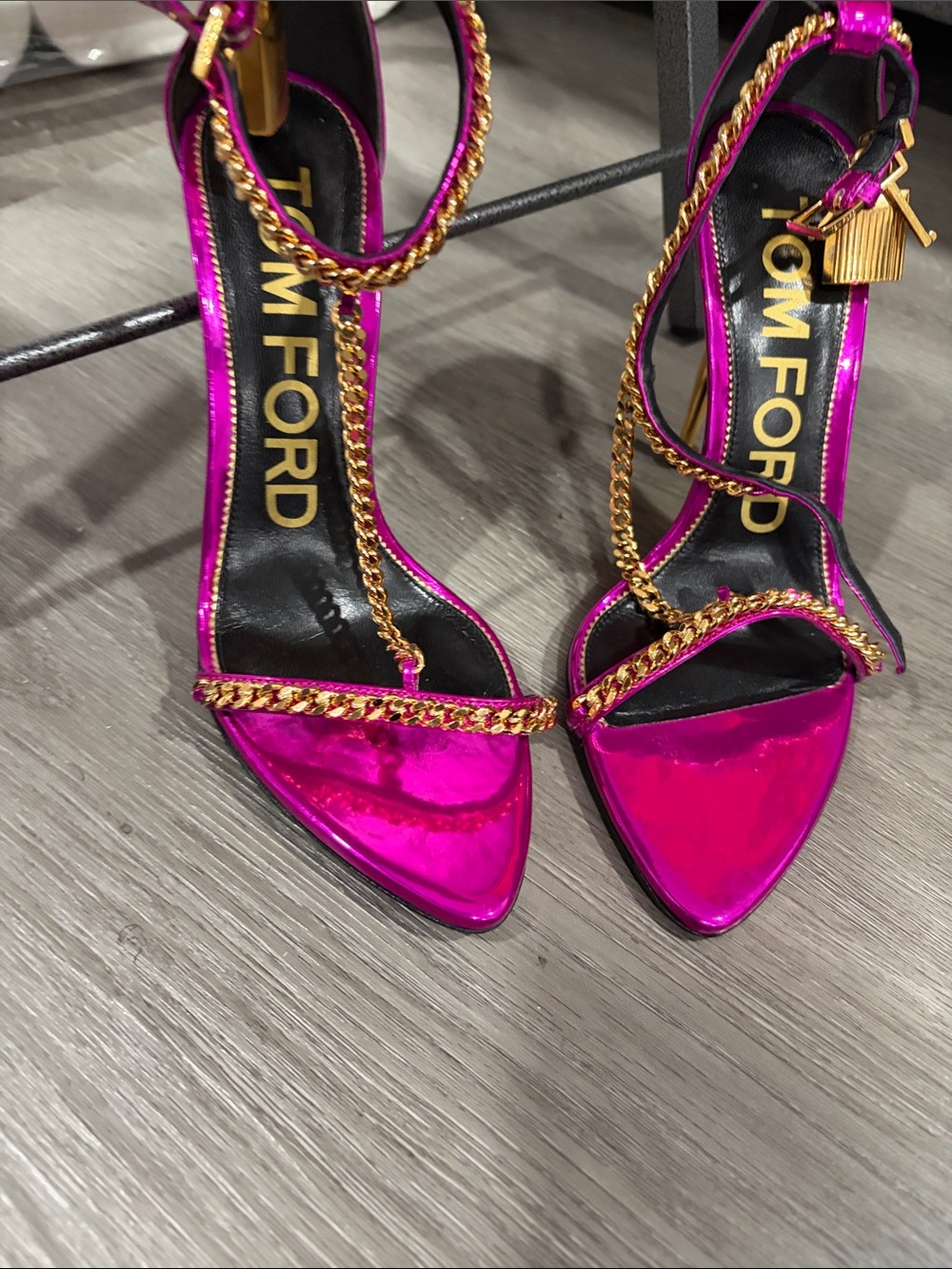 Tom Ford Metallic Fuchsia Pointed-Toe Chain-Strap Heels
